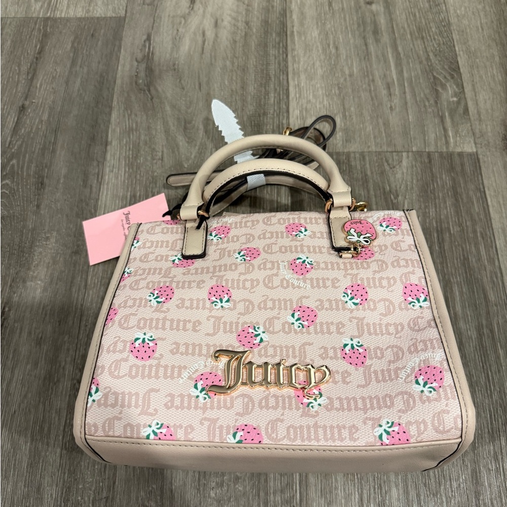Juicy Couture Strawberry Print Satchel Gold Hardware Pink Beige Top Handles Bag